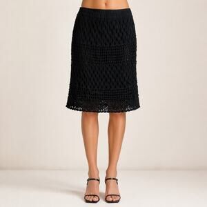 Chico’s Black Crochet Lace Skirt Size 1 Lined Stretch Midi